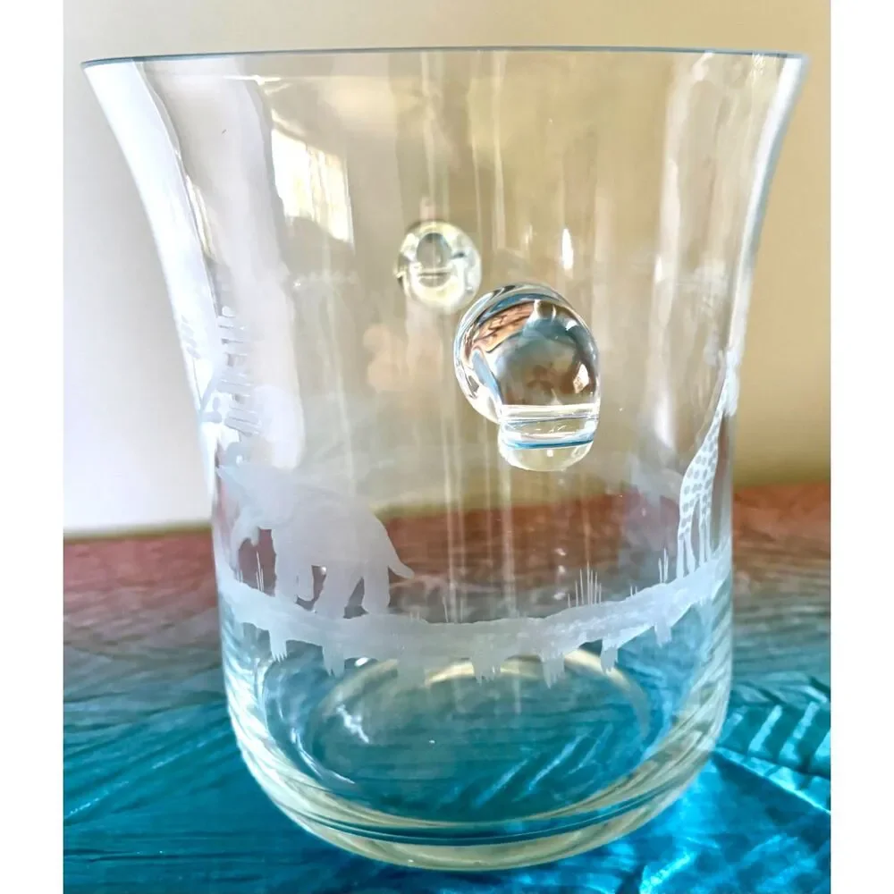 Vintage Etched Safari Glass Ice Bucket Jungle Wildlife Champagne Chiller